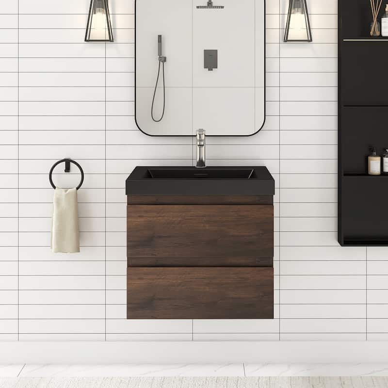 24/30/36 inch Wall-Mounted Bathroom Vanity Set in Rose Wood with Integrated Black Resin Sink