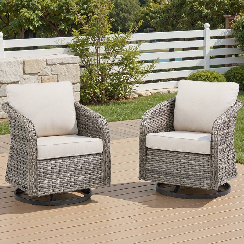 Pocassy Outdoor Patio Furniture Wicker Sofa Chair Set - Light Grey Wicker Beige Cushion - 2 Pieces Swivel Chair