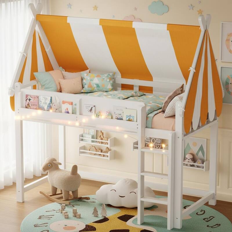 Loft Bed with Canopy, LED Fairy Lights & Front Bookshelf by Harper&Bright Designs