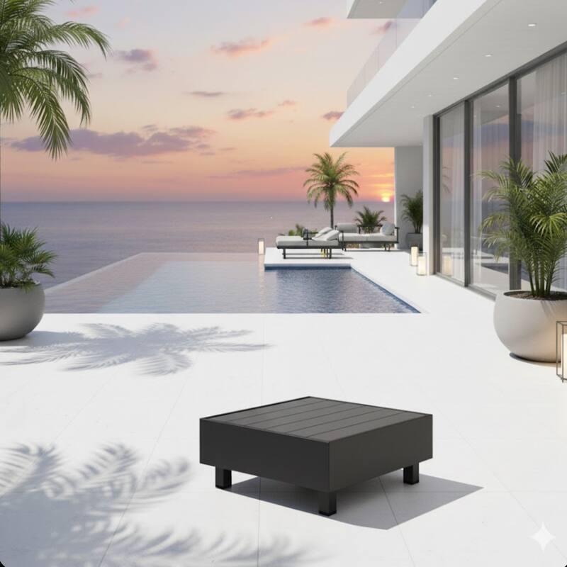 29" Square Black Metal Coffee Table, Slatted Patio Table