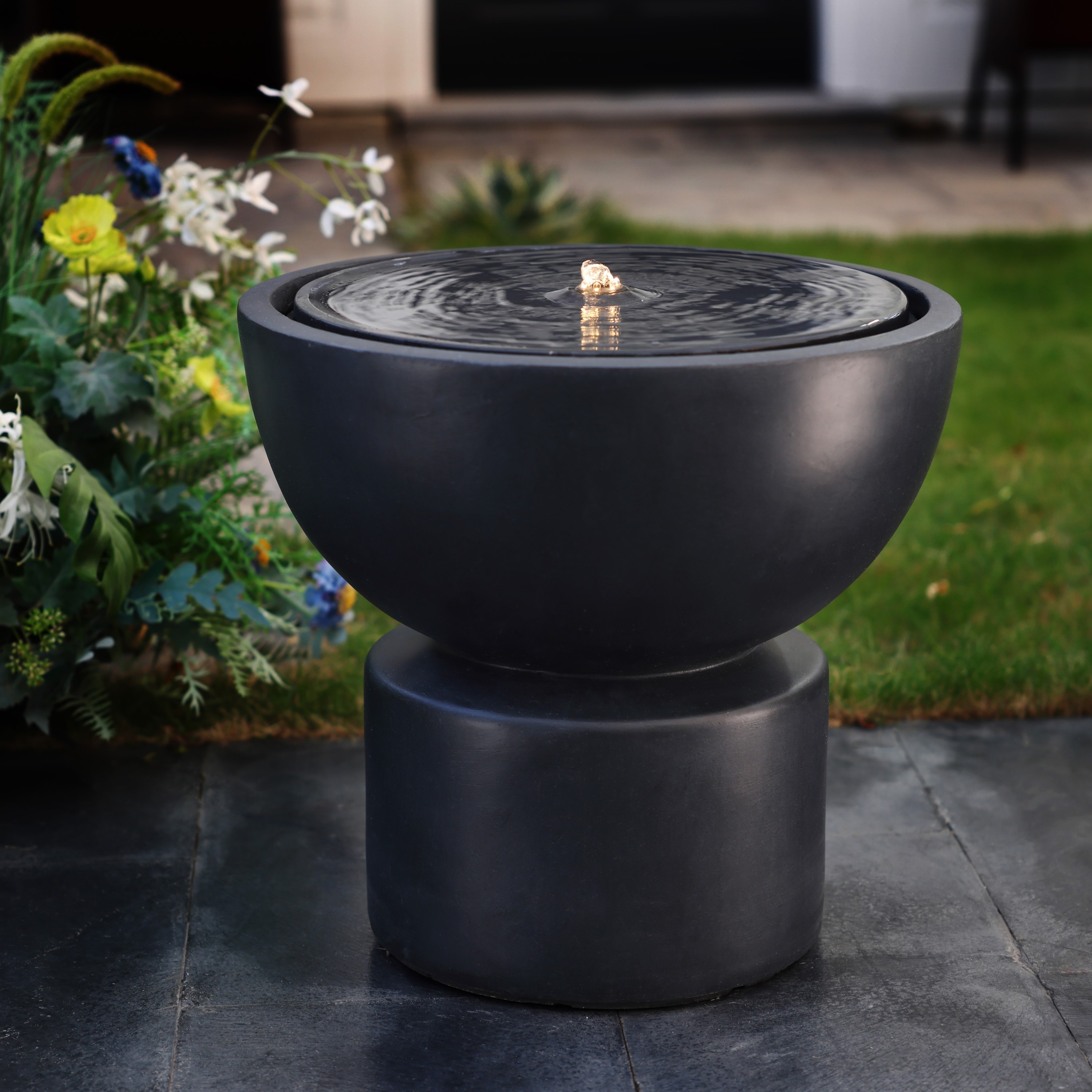 Dark Gray Resin Round Bubbler 18.7" Tall Outdoor Fountain with Lights
