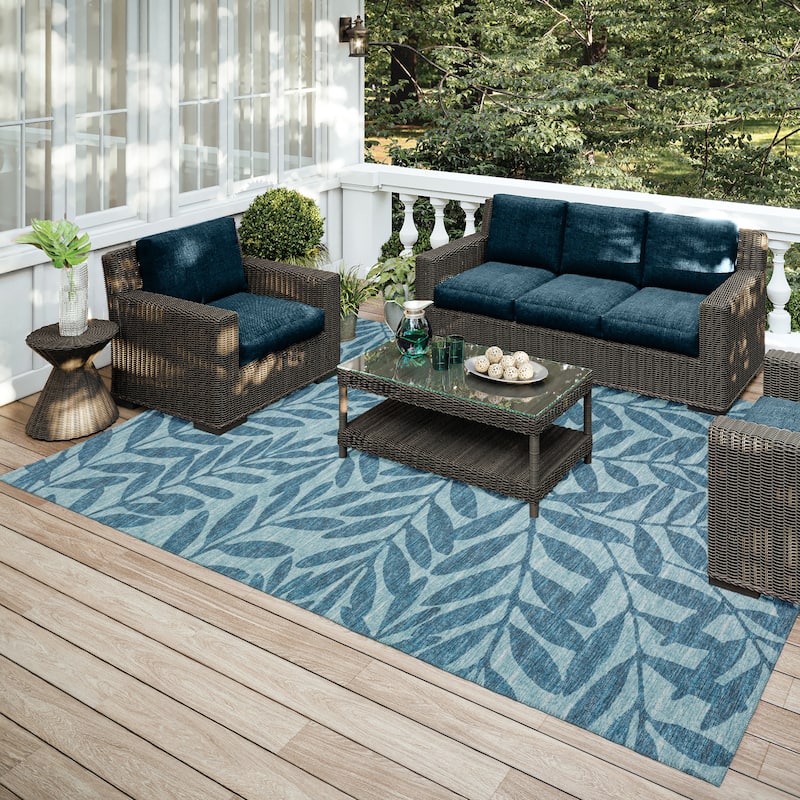 Indoor/ Outdoor Addison Yuma Foliage Motif Washable Area Rug - 5' x 7'6" - Blue