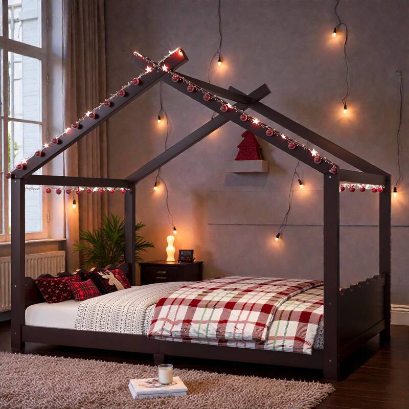 Kids Solid Wood House Floor Bed with Support Slats, Montessori Low Profile Bed, No Box Spring Needed