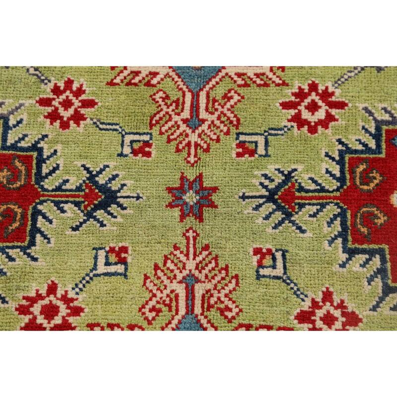 Pistachio Green Geometric Kazak Accent Rug Handmade Wool Carpet - 3'3" x 4'11"