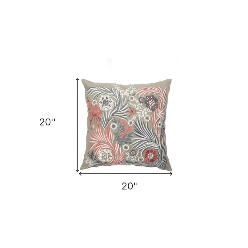 HomeRoots 20" X 20" Gray Adn Pink 100% Cotton Floral Zippered Pillow