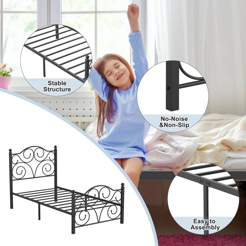 Victorian Style Metal Bed Frames with Headboard,No Box Spring Needed