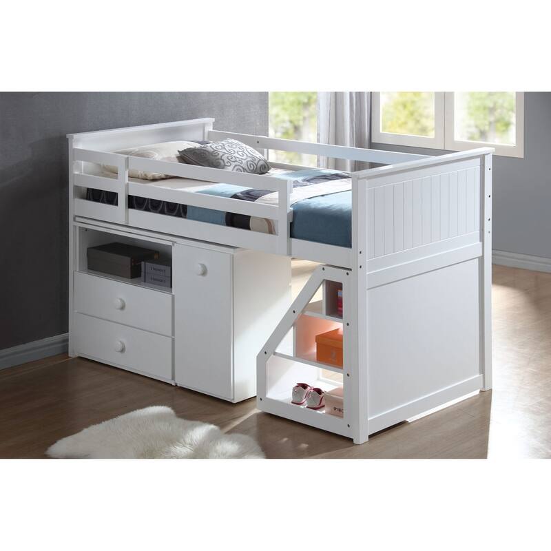 White Twin Loft Bed Set with Storage Desk & Drawers, Space-Saving Modern Design