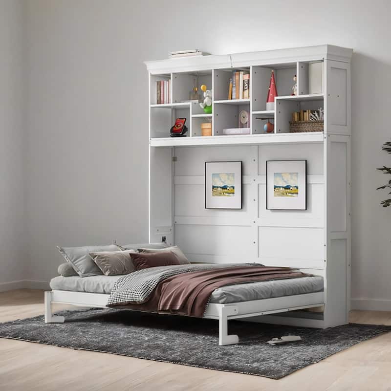 Queen Size Wood Murphy Bed with Top Shelves and USB Port