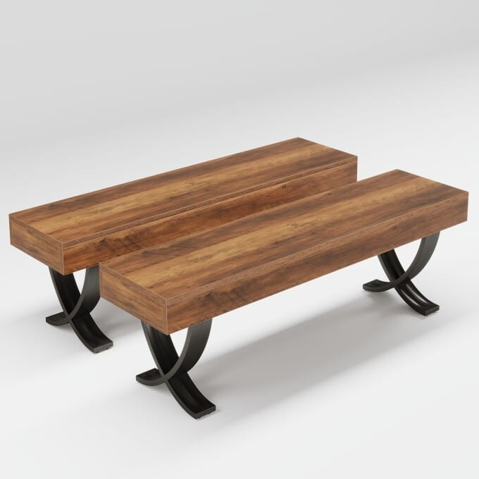 Wooden Dining Bench Metal Legs, 55-Inch Rustic Kitchen Bench - 2PC