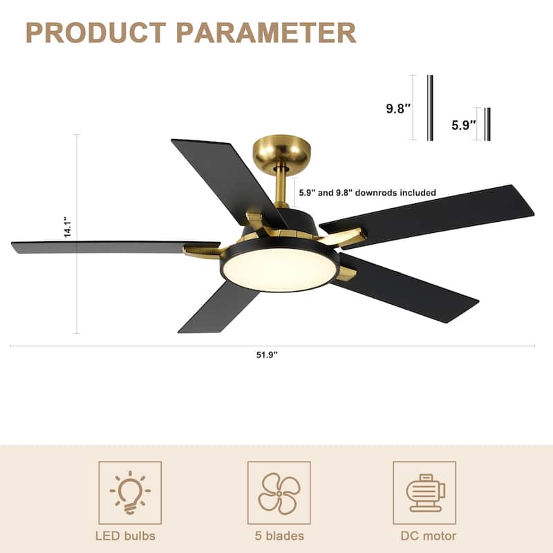 Bella Depot 52" Modern Ceiling Fan with Light and Remote Black 6-Speed Reversible Fan