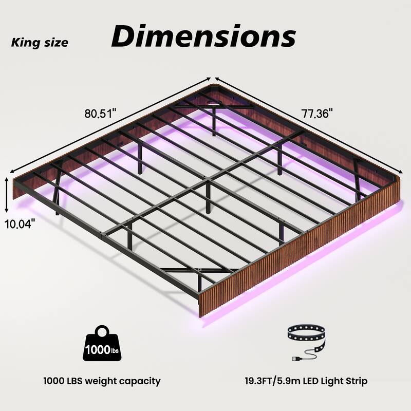 King Size Floating Bed Frame with LED Lights, Wave Curve Wood Texture, Heavy Duty Metal Slats, No Box Spring Needed