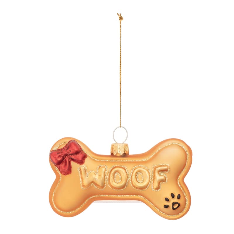 Glass Dog Bone Ornaments Set of 12 with Bow Accent and Woof Text - 3.75” x 1” x 3” (L x W x H)