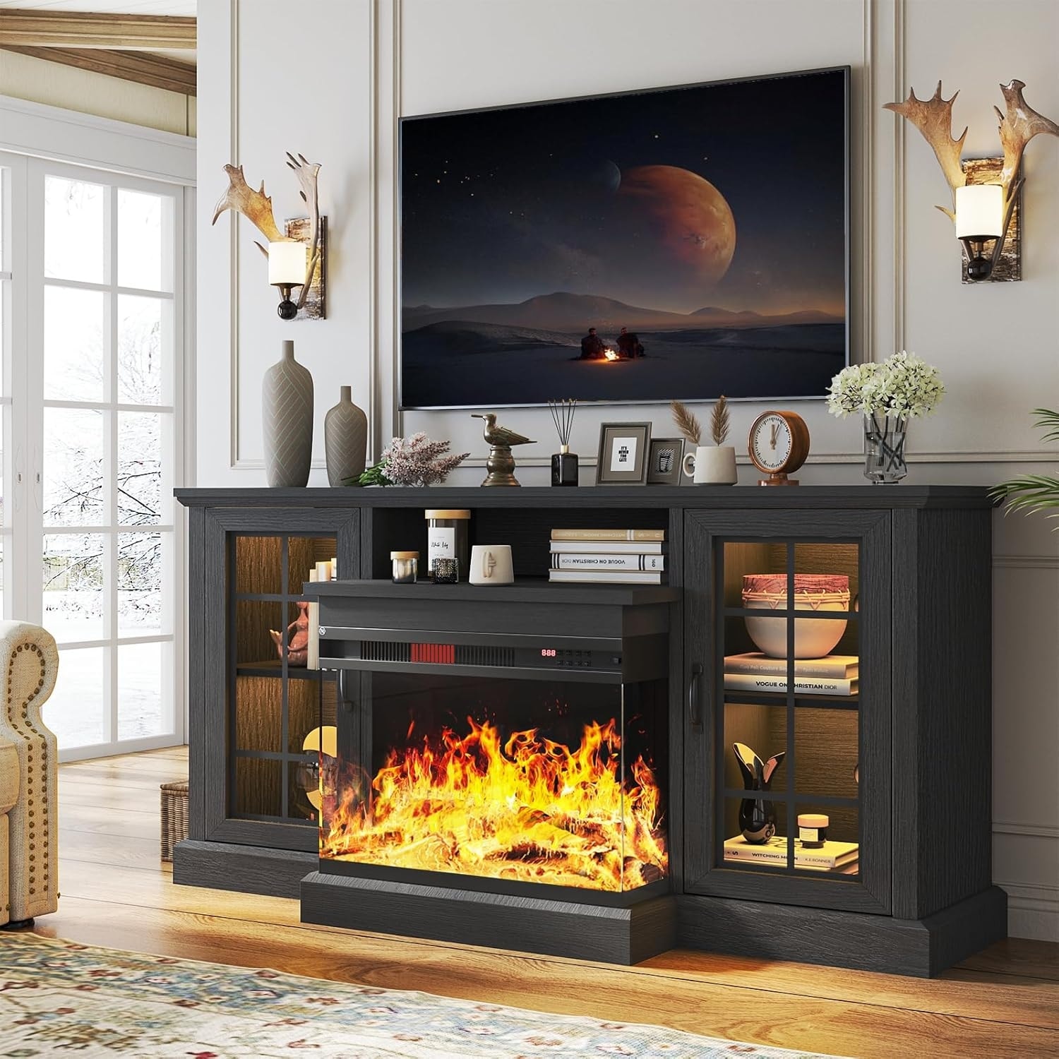 59'' Fireplace TV Stand with 3-Sided Glass Electric Fireplace On