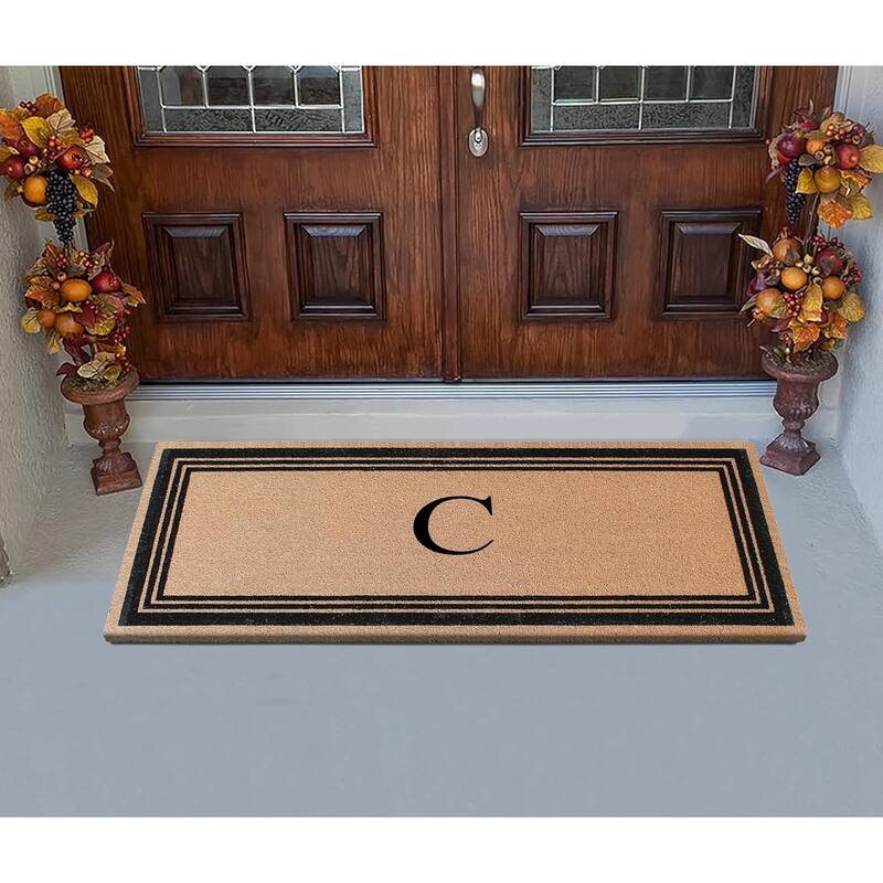 A1HC Natural Coir Monogrammed Flock Anti shed Treated Durable Doormat BlackBeige