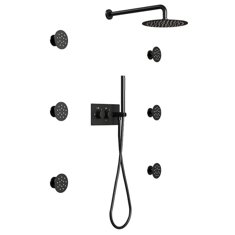 Thermostatic Shower System with 10" Ultra-Thin Round Shower Head,Body Jets And Hand Shower