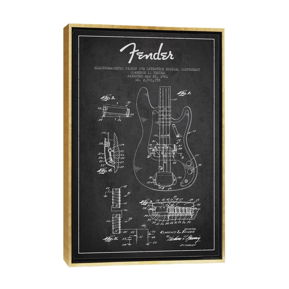 iCanvas "Guitar Charcoal Patent Blueprint" by Aged Pixel Framed Canvas Print