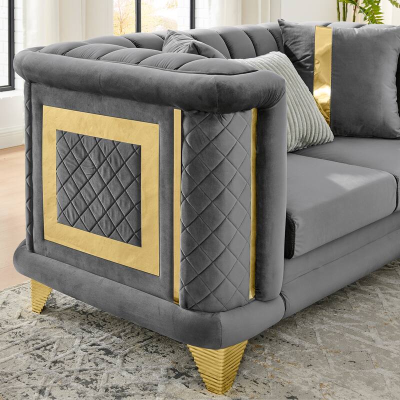 69" Velvet Luxury Loveseat,Mid-Century Modern Sofa with Gold Stainless Steel Trims, Tufted Back and 3 Premium Pillows