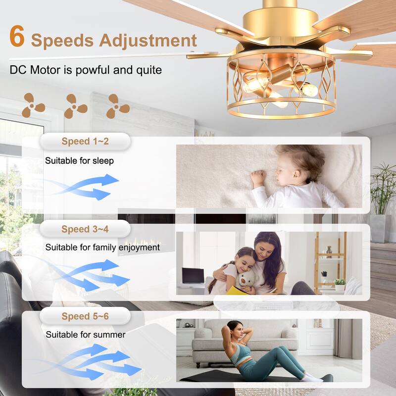 Bella Depot 52" Modern Gold Ceiling Fan with Light and Remote 6-Speed Large Caged Ceiling Fan
