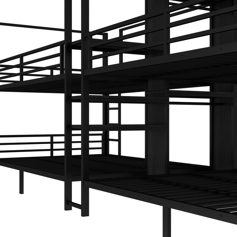 Queen Size Quadruple Metal Bunk Bed with Built-in Storage Shelves & Wardrobe, Sturdy Frame, Black