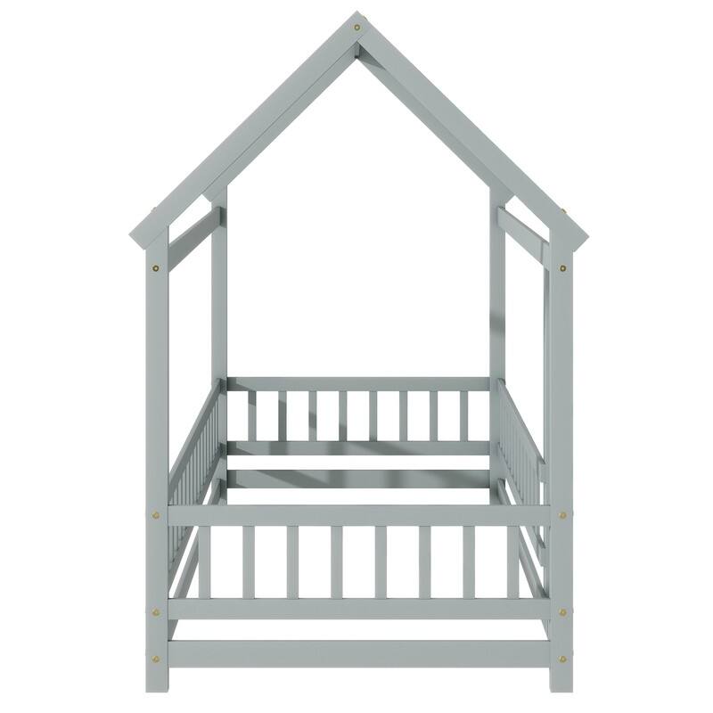 Twin Size Wooden House Floor Bed with Roof Frame,Safety Guardrails