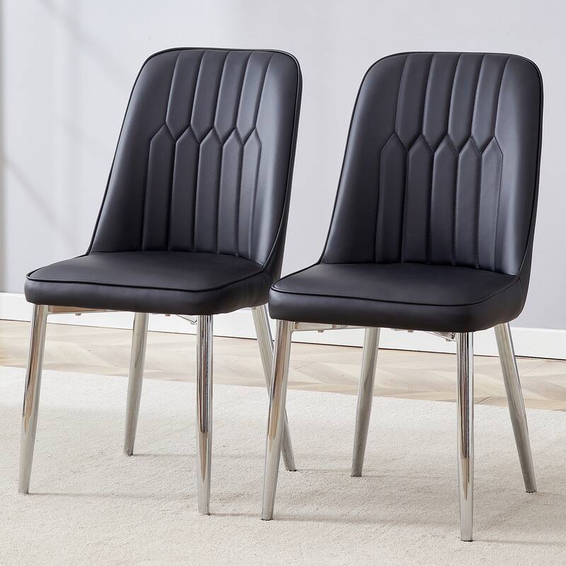 Roomfitters PU Dining Chairs with Smooth Backrest and Silver Metal Legs, Set of 4 for Kitchen or Office Use - Black (Set of 2)