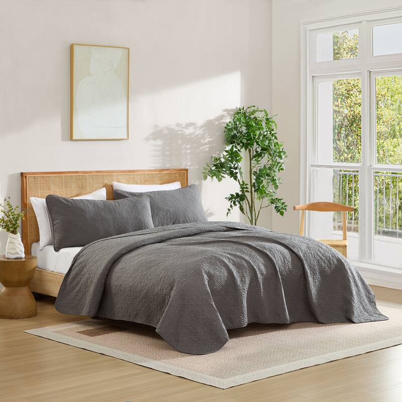 HLC.ME Lorenzo - 3 Piece Size Quilt Set, Lightweight Bedspread Coverlet Set. - Charcoal Grey - King