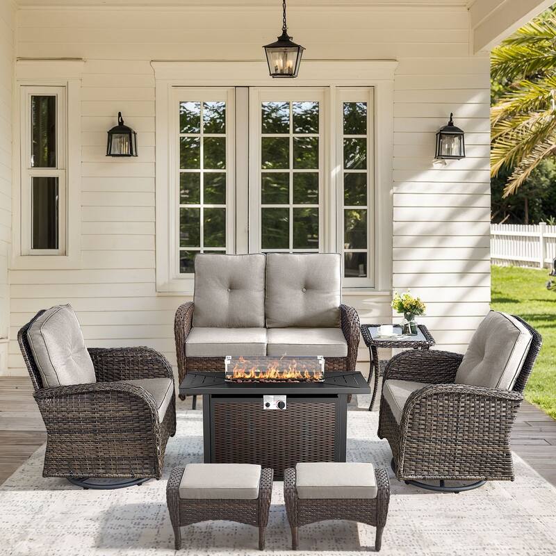 Patio Sofa Swivel Chair with Propane Fire Pit Table - Brown Rattan - Beige Cushion - 7PCS Glider Sofa Chair Ottoman with Fire Table