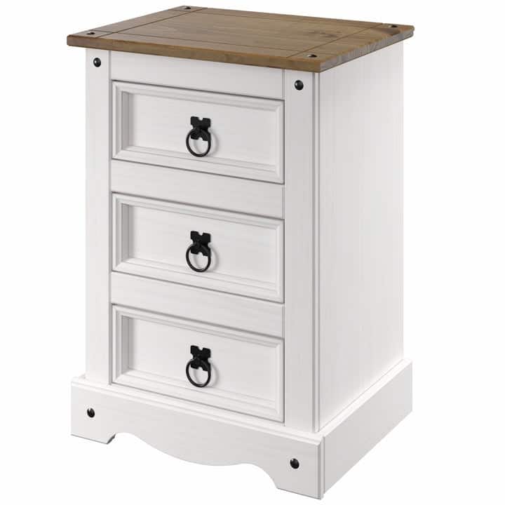 Wood Nighstand 3 Drawers Corona | Furniture Dash - White wash, tops in antique brown color.