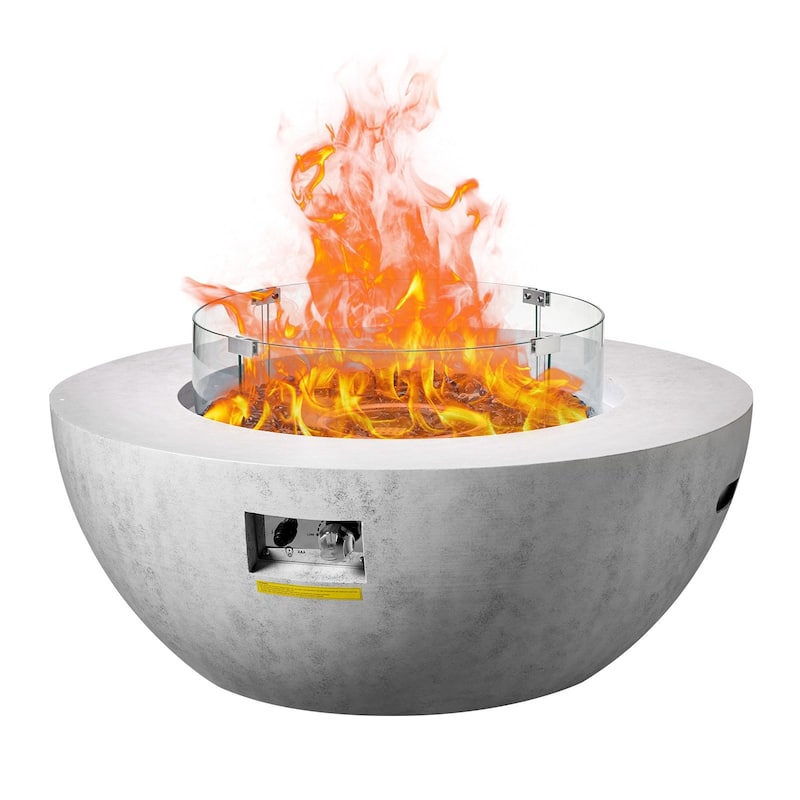 Grey Concrete Look Fire Pit Table with Glass Cover and Wheels - 39.37“x39.37”x20.59"