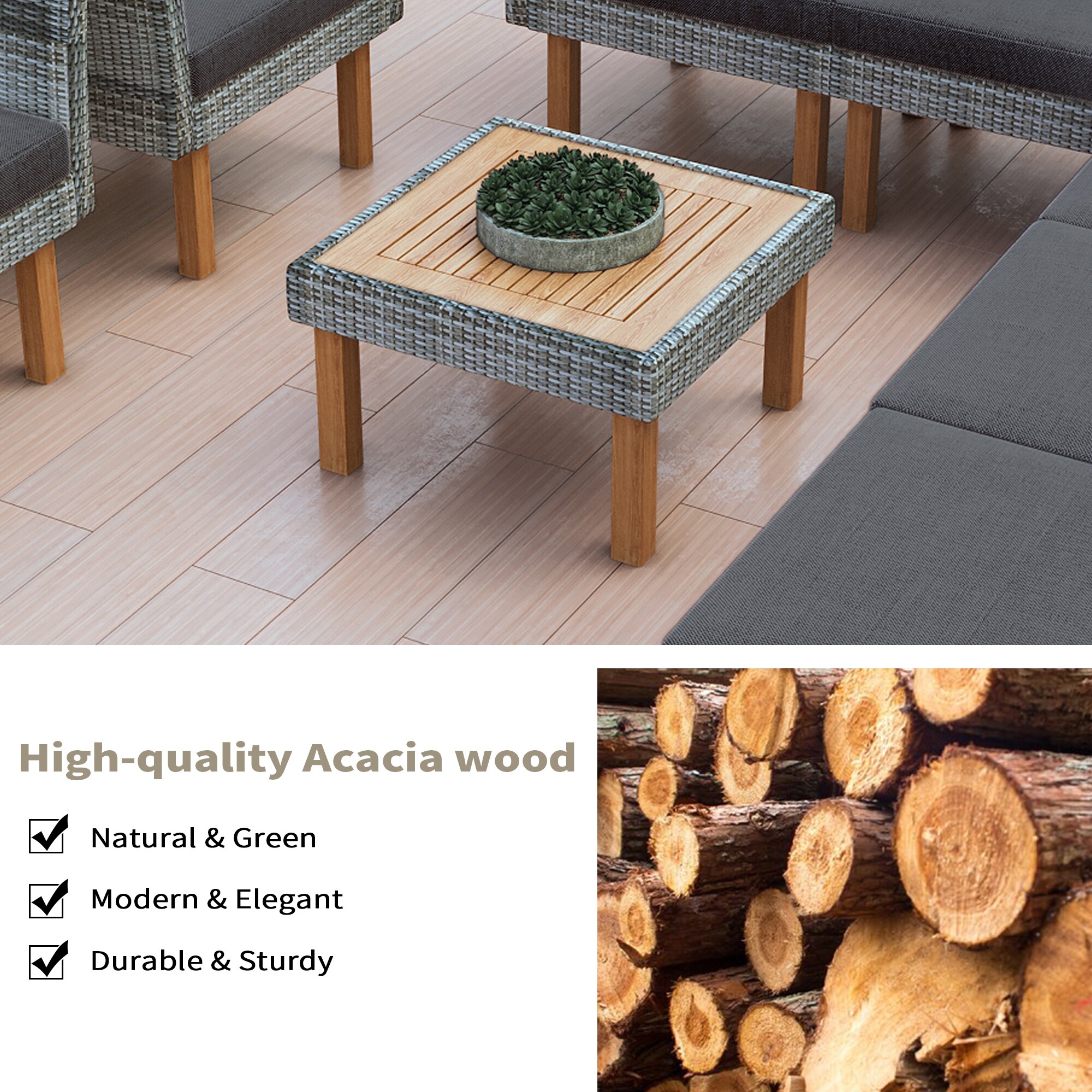 9 Piece Patio Rattan Furniture Set With Acacia Wood Legs and Tabletop PE Rattan Sectional Sofa Set with Coffee Table Bed Bath Beyond 40731424