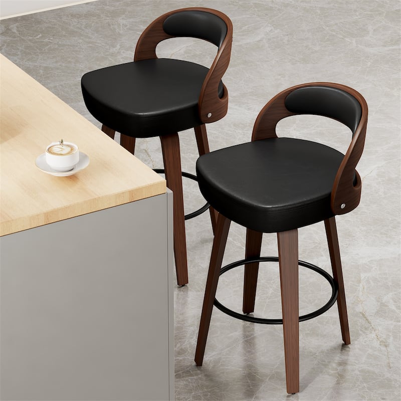 Set of 2 Swivel Counter Height Bar Stools for Kitchen Island - Black + Dark Walnut