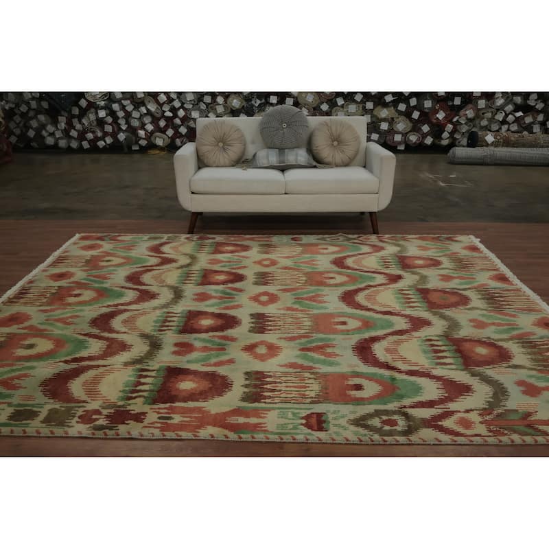 Hand Knotted Oriental 100% Wool Carpet Modern Geometric Green Gabbeh Area Rug - 9' 10'' X 8' 2''