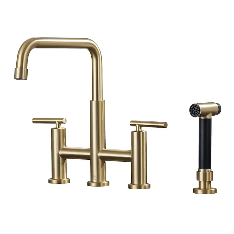 Double Handle Bridge Kitchen Faucet with Pull-Out Side Sprayer