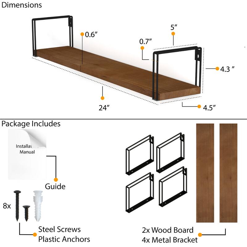 Wallniture Avila 24" Wood Floating Shelves for Wall, Walnut,Set of 2