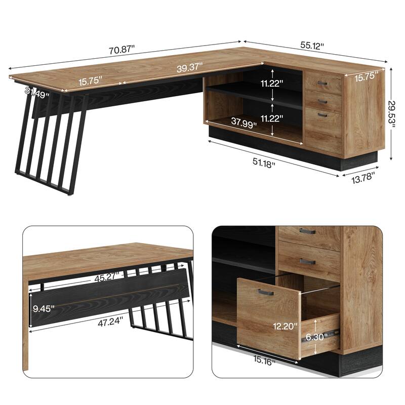 71-Inch Executive Desk, L-Shaped Desk with Cabinet