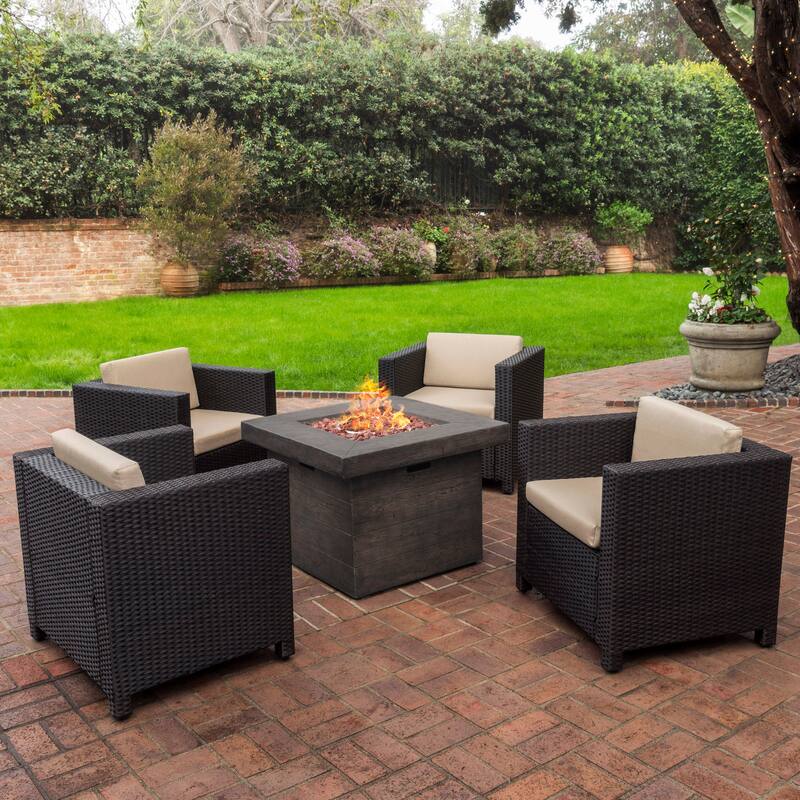 Puerta Outdoor 4-piece Wicker Chair Set with Square Firepit by Christopher Knight Home - Brown+Beige w Brown Fire Pit