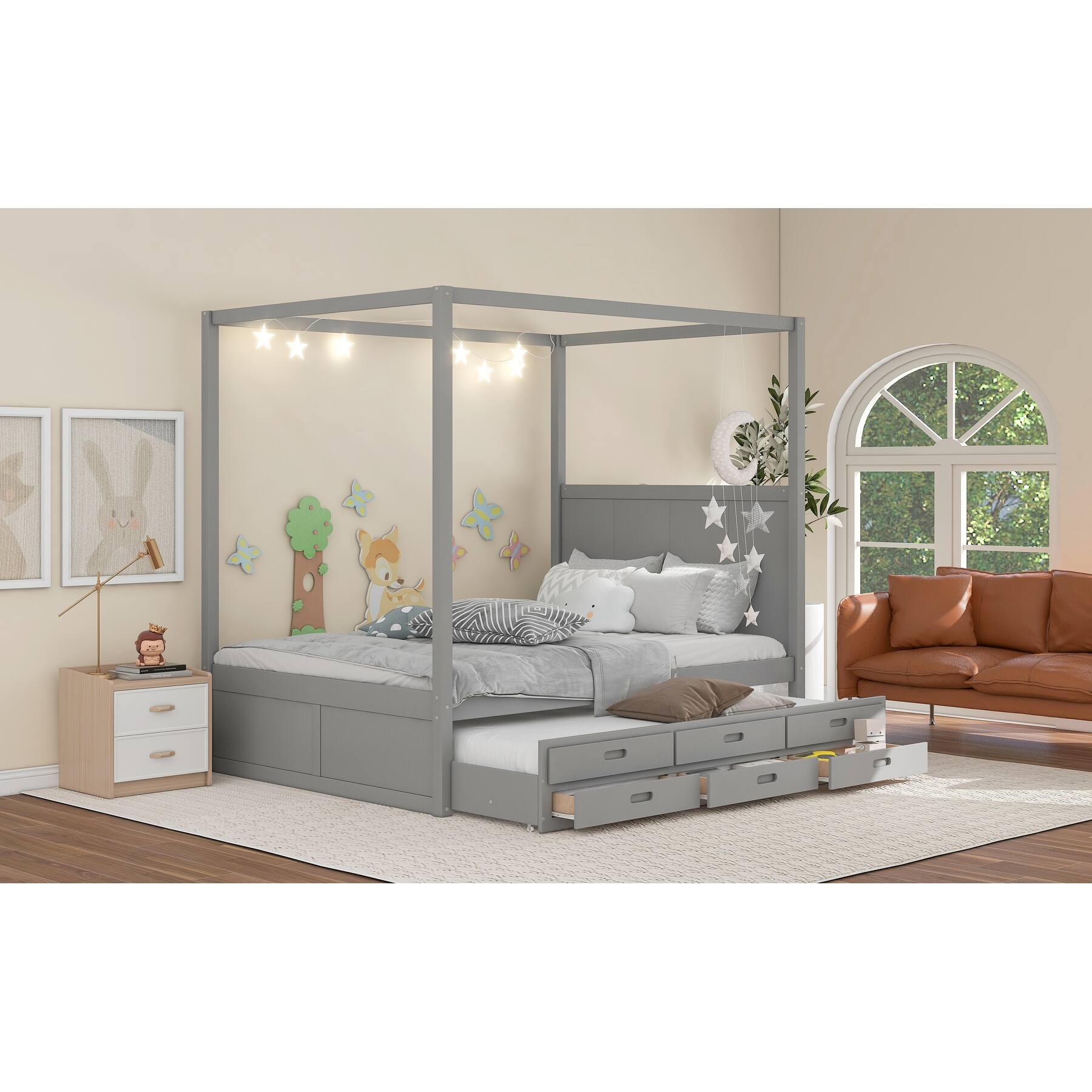 Pine Wood Queen Canopy Platform Bed with Twin Trundle and Storage Drawers On Sale Bed Bath