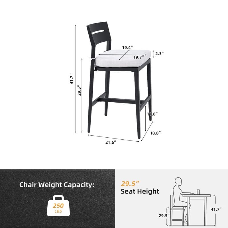 2PC Modern Outdoor Bar Stools: Aluminum, Ergonomic Backrest, Tapered Legs, Footrest, Sunbrella Cushion, Weather-Resistant.