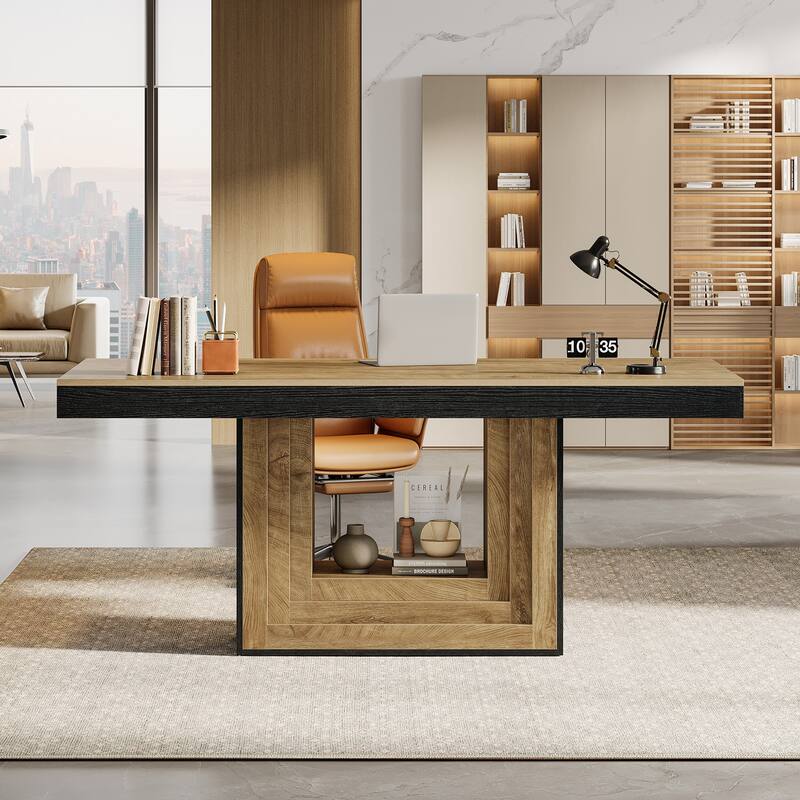 Large Rectangular Conference Table with Sturdy Base - Brown/Black