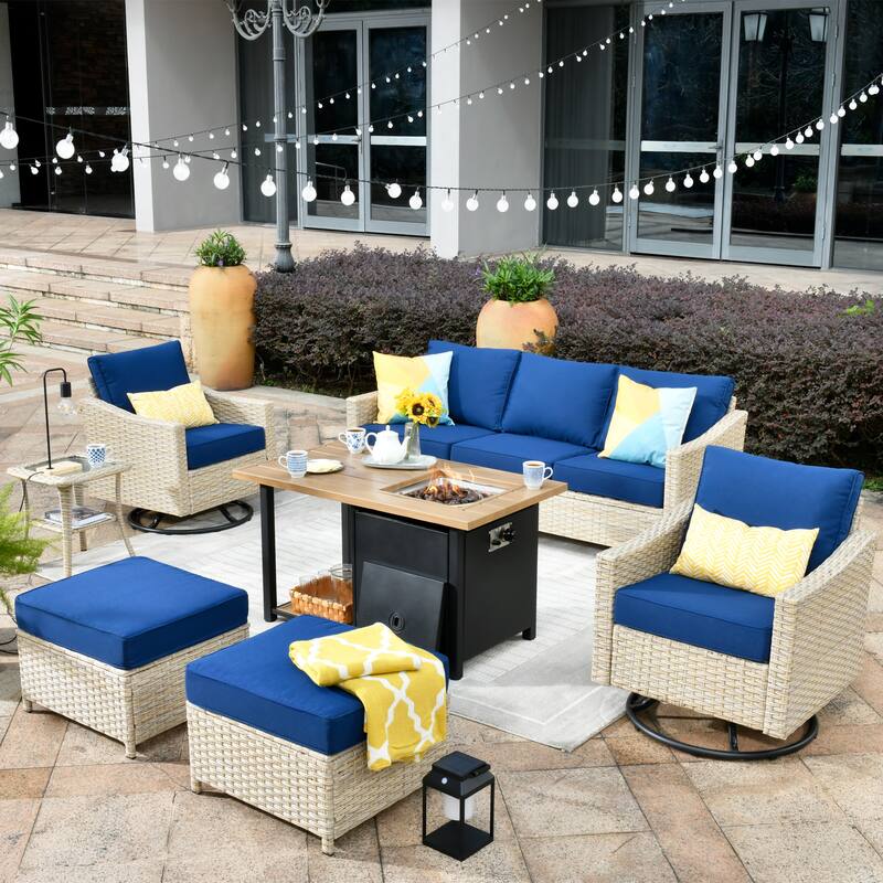 HOOOWOOO 7-piece Outdoor Wicker Patio Furniture Set with Fire Pit Table - Navy Blue
