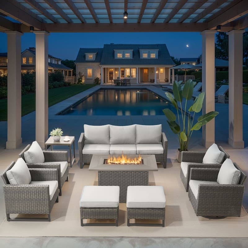 Outdoor Fire Pit Table with Patio Funiture - Grey Wicker Beige Cushion - 9PCS Sofa Chair Ottoman w/ Fire Table