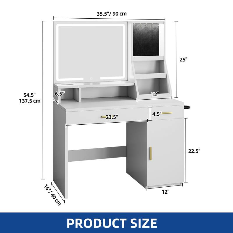 Moasis Makeup Vanity Desk with Mirror and Lights, Dressing Table with 2 Storage Drawers & Hairdryer Holder