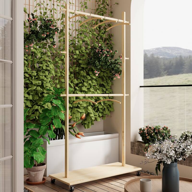 Modern Coat Rack Solid Wood Drying Rack with 6 Hangers, Adjustable Shelf and Wheels, for Living Room