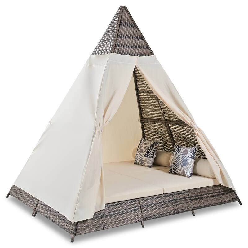 90.5" Outdoor Patio Wicker Triangle Tent Daybed Sunbed with Colorful Pillows and Curtain