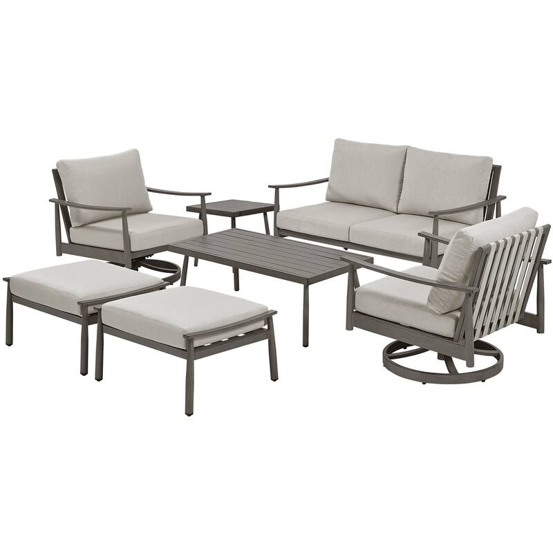 7-Piece Aluminum Patio Conversation Set, Loveseat with Ottomans, 2 Swivel Armchairs and Coffee Table - Grey