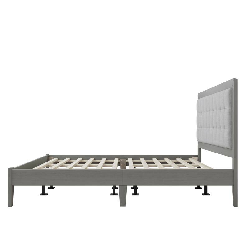 Roomfitters Mid-Century Solid Wood King Platform Bed Frame with Square Tufted Upholstered Headboard and Slats, Grey