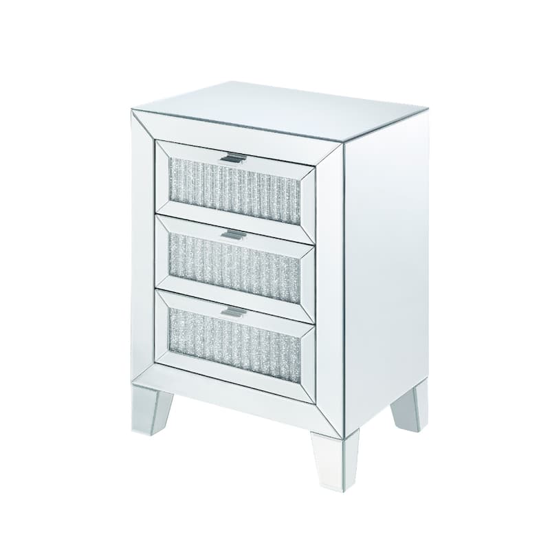 Contemporary Style Wooden Mirrored Night Table with 3 Drawers, Silver