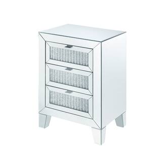 Contemporary Style Wooden Mirrored Night Table with 3 Drawers, Silver