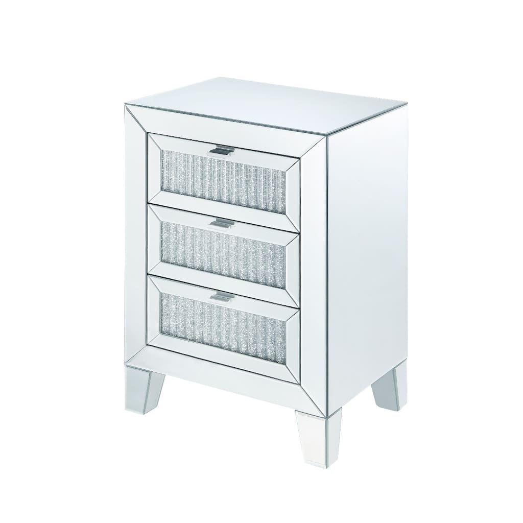 Contemporary Style Wooden Mirrored Night Table with 3 Drawers, Silver