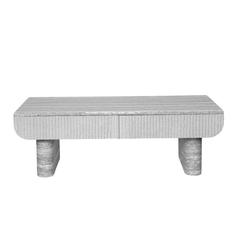 Coffee Table with Grey Wood Texture Tabletop, Mid Century Modern Coffee Table with Fluted Drawer, for Living Room, Office